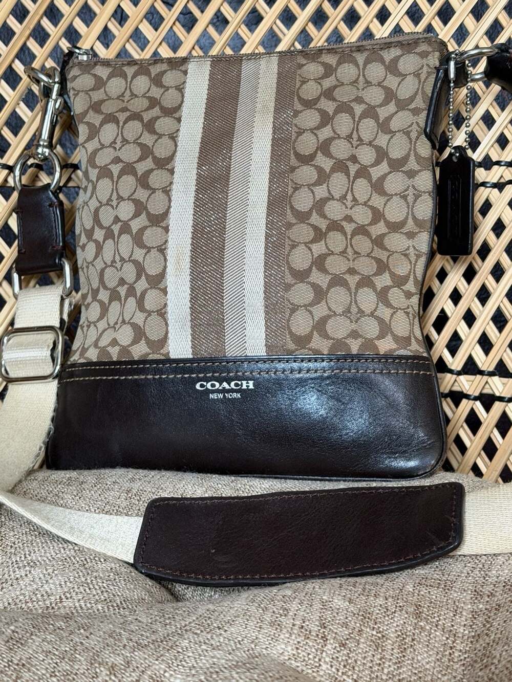 Coach Signature Stripe Crossbody Bag Brown
